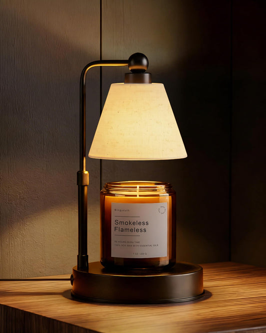 Bingyouth Candle Warmer Lamp with Timer, Dimmable, Adjustable Height, Modern Farmhouse Linen Shade, Black Candle Warming Lamp for Up to 6-Inch Jar Candles, 2 Bulbs Included
