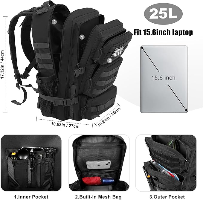 Military Tactical Backpack 25L Day Backpack for Men Molle Army 3 Days Assault Pack Bug Out Bag Water Resistant and Heavy Duty Hiking Treeking Rucksack - Black