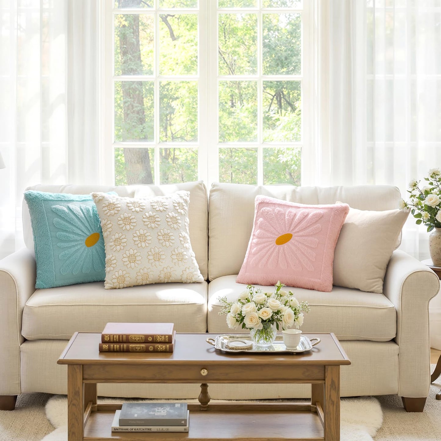 EMEMA Set of 2 Spring Summer Sunflower Floral Pillow Covers, Plush Faux Fur Decorative 18x18 Cushion Cases Adding a Soft, Bright Seasonal Accent to Sofa Couch Bed Modern Farmhouse Living Room, Pink