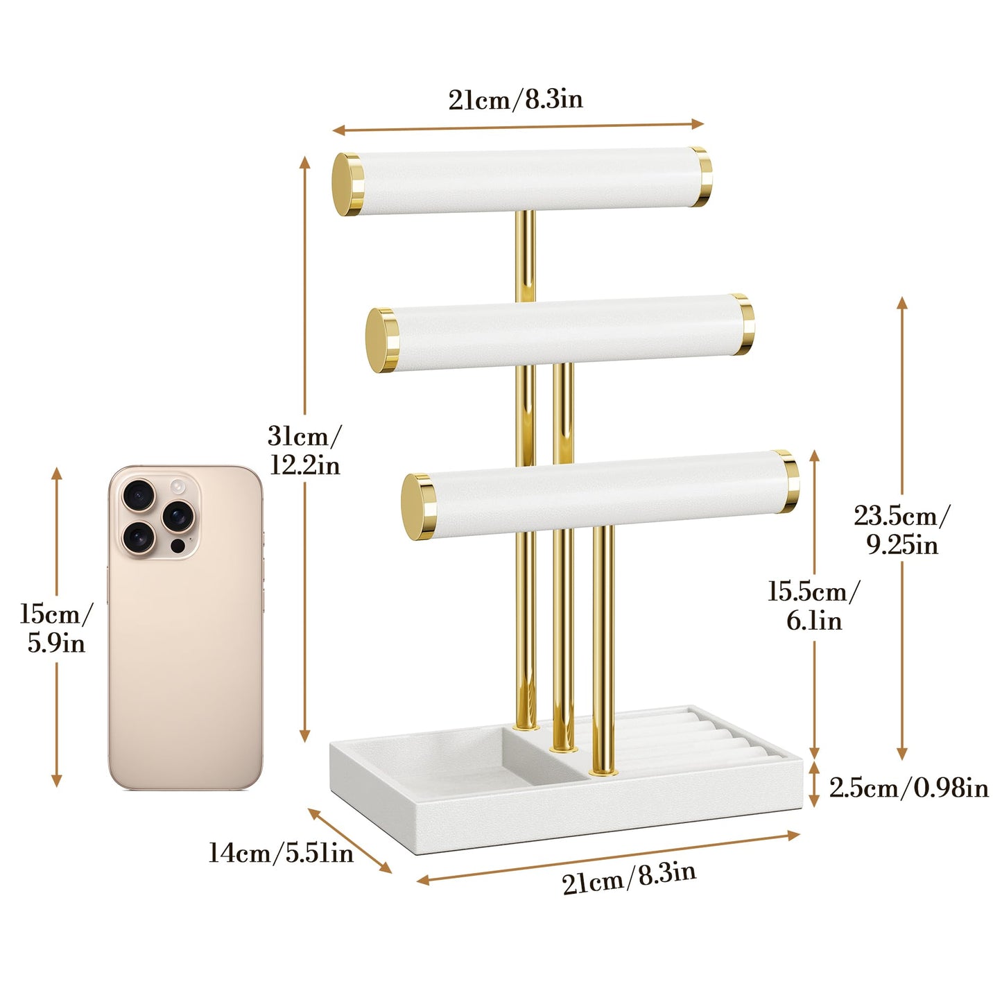 bussdis 3 Tier Bracelet Holder Display - White Leather Bracelet Holder, Detachable T Bar Jewelry Holder Organizer for Bracelet, Necklace, Earrings, Rings, Watches, Bangle