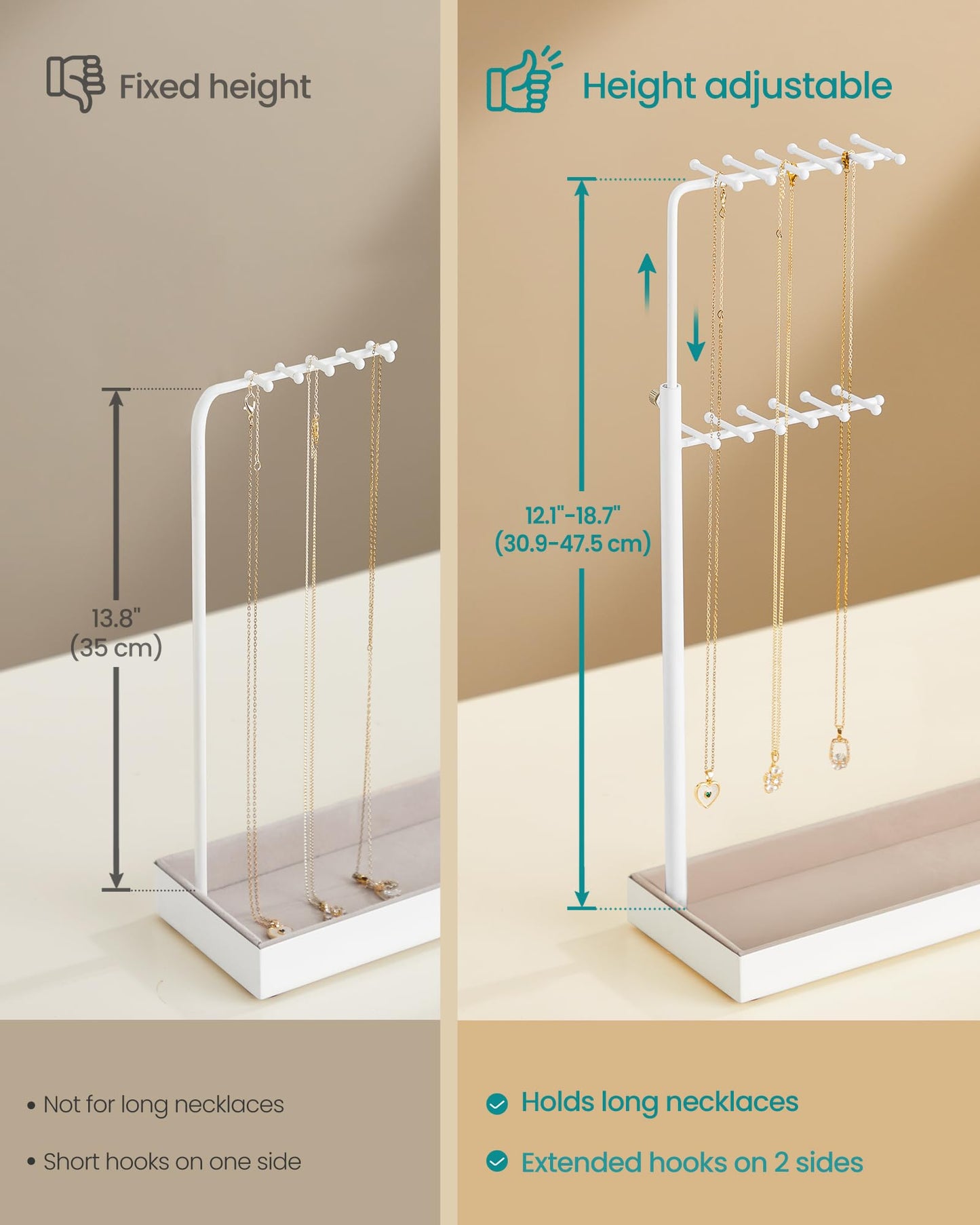 SONGMICS Jewelry Holder, Jewelry Storage Organizer Stand with Metal Frame, Velvet Tray, 12.1 to 18.7 Inches Tall Height Adjustable Necklace Holder, for Rings, Earrings, Matte White UJJS026W01