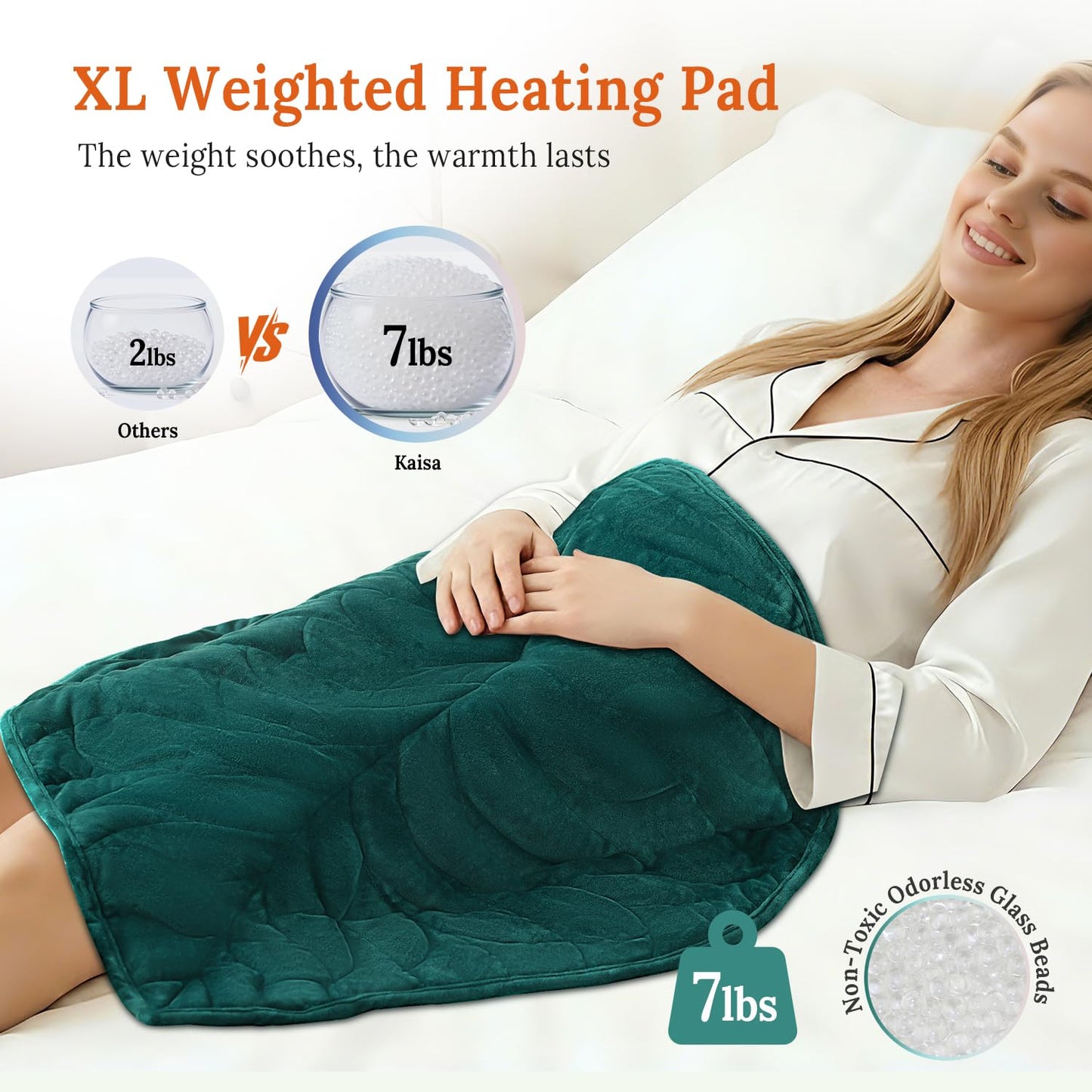 Kaisa Weighted Heating Blanket 7 lbs, 26" x 35" Large Size Weighted Heating Pad for Back Shoulder Abdomen, Soft Electric Heated Blankets, Green