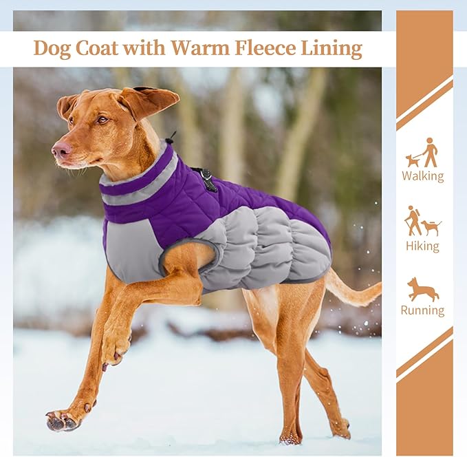 OUOBOB Large Dog Coat, XXLarge Dog Winter Coat, Waterproof Pet Jacket with Back Zipper,Extra Large Pet Coats, Warm Fleece Jacket with D-Ring, Windproof Winter Clothes Golden Retriever,Purple,XXL