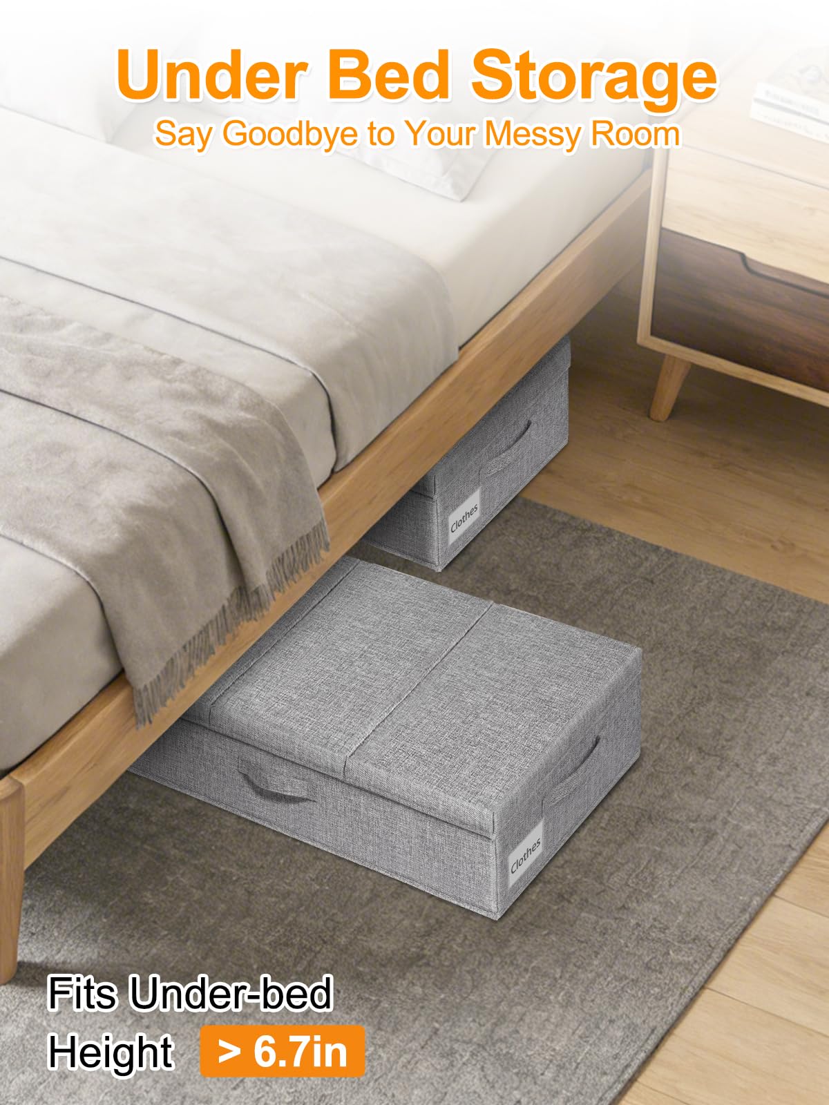 punemi Under Bed Storage With Lids, 2 Pack Large Underbed Storage Containers Clothes W/ 3 Handles, Foldable Low Profile Stackable Drawer Organizer Bins Box for Blanket Shoe Bedroom, 31.1*15.7*6inch