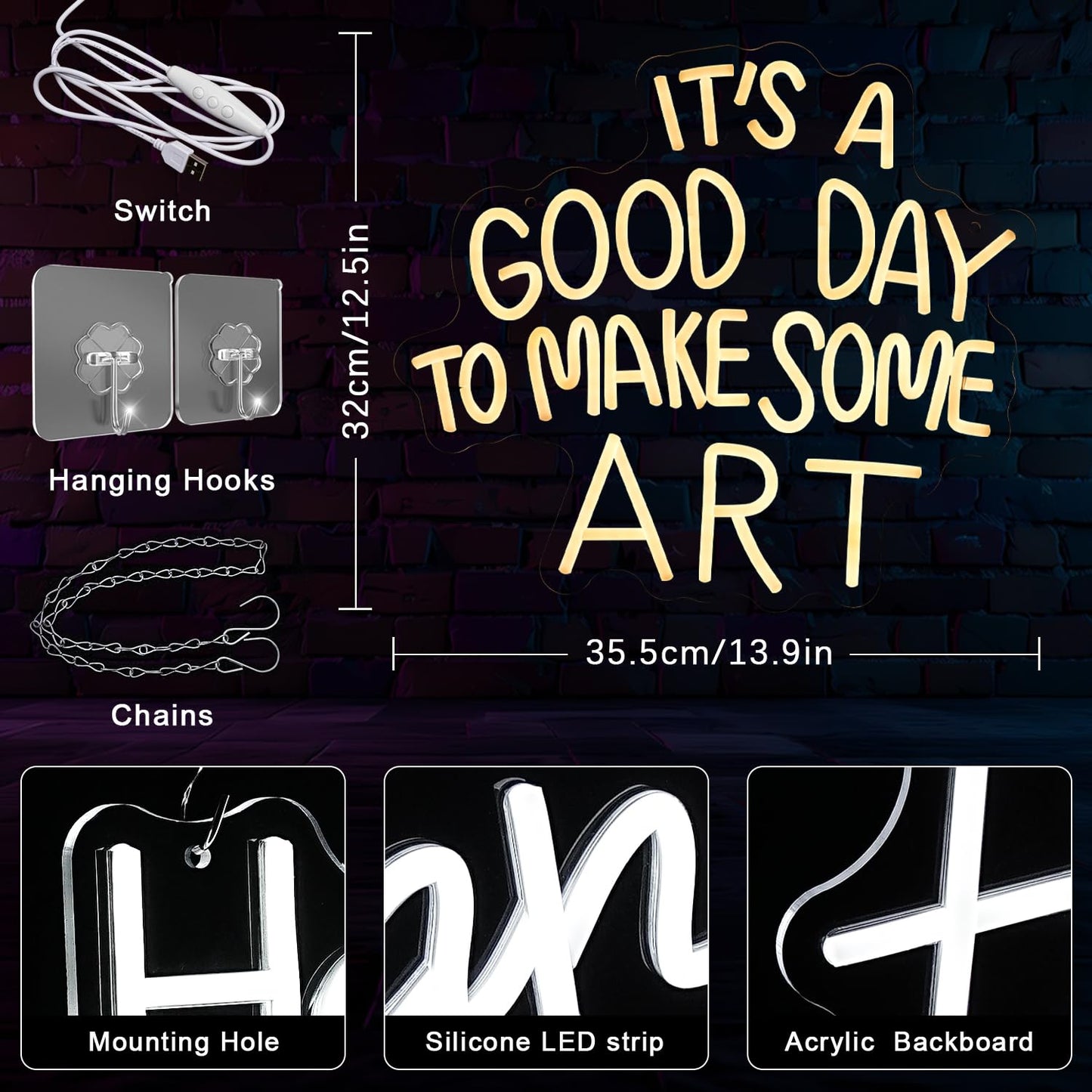 Gyaksjm It's A Good Day to Make Some Art Neon Sign for Wall Decor Aristic LED Light Paint Neon Light Sign Classroom Neon Sign Dimmable Warm White Art Letter Neon Light for Bedroom Classroom Home Gallery Studio