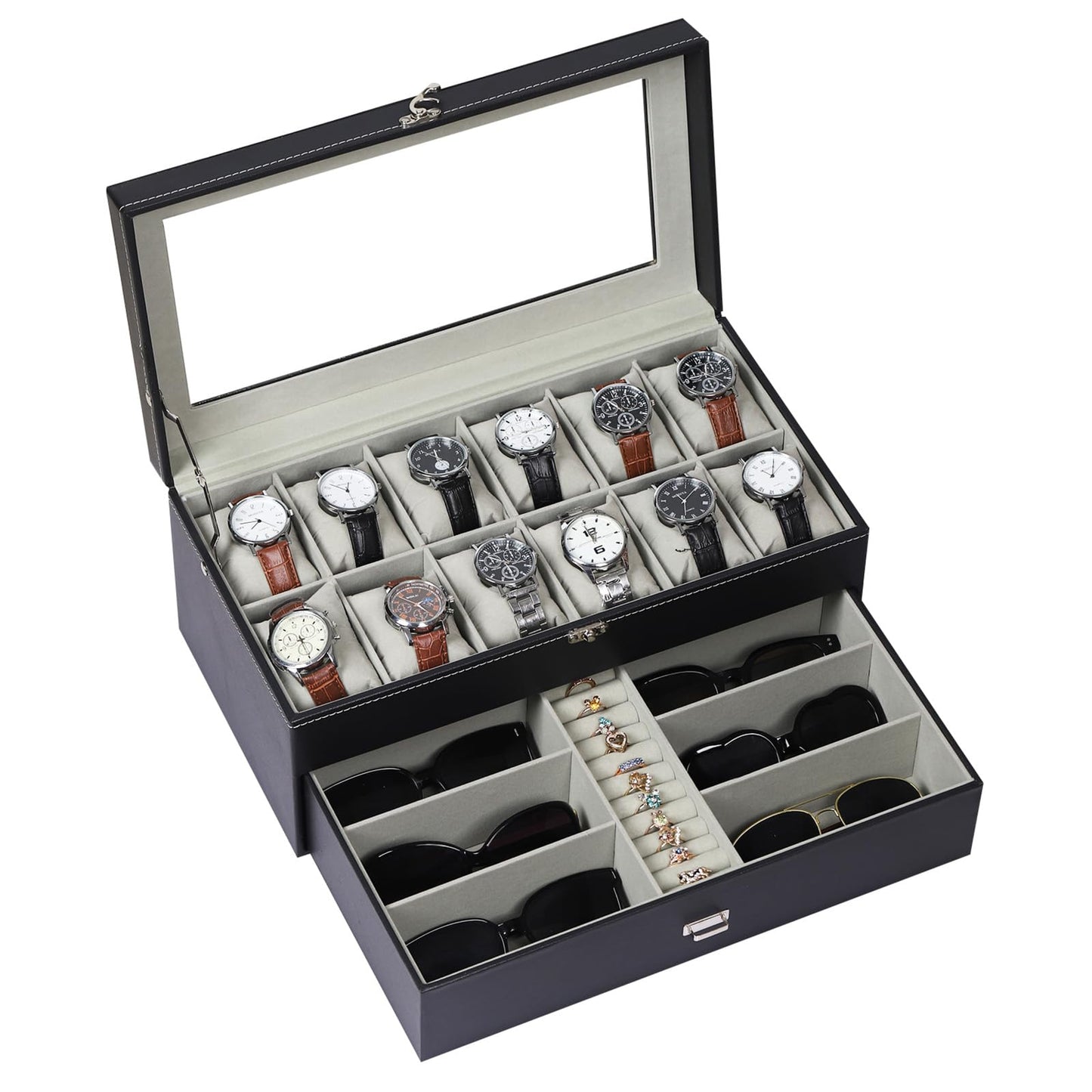 AUTOARK Leather & Velvet 12 Watch Box Jewelry Case and 6 Piece Sunglass Eyeglasses Organizer,2 Layers with 1 Drawer,Lockable,Large Glass Top,Black,MKAW043