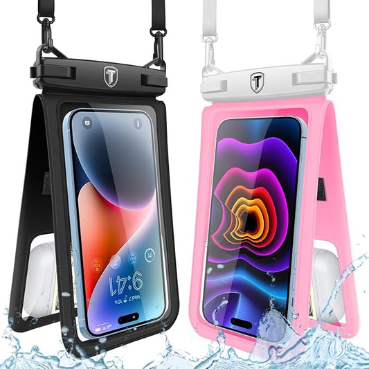 Takfox Double Space Waterproof Phone Pouch [2-Pack], Dual Large Cellphone Dry Bag Case for Samsung Galaxy S25 Ultra S24 S23 S22 A16 A15 A14 A36 iPhone 16 Pro Max Fit All Phones Up to 7"-Black/Pink
