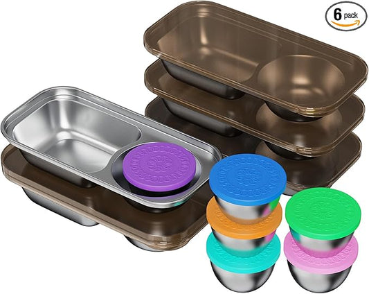 Kitlead 2 Compartment Grab and Go Snack Containers Reusable,Stainless Steel Snack Containers with Lid for Travel, Outdoor Camping and Daily Use (Set of 6)