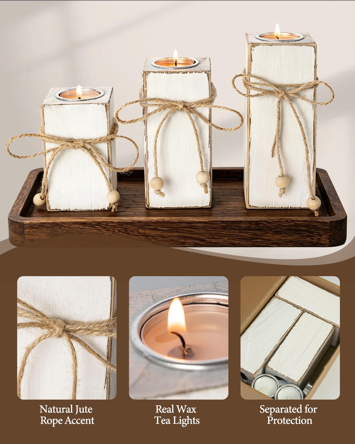 Farmhouse Decor Wooden Candle Holders Set of 3 - Fake Candles and Real Tea Lights, Rustic White Farmhouse Table Decor, Decorative Candles for Fireplace Mantel, Wedding, Holiday