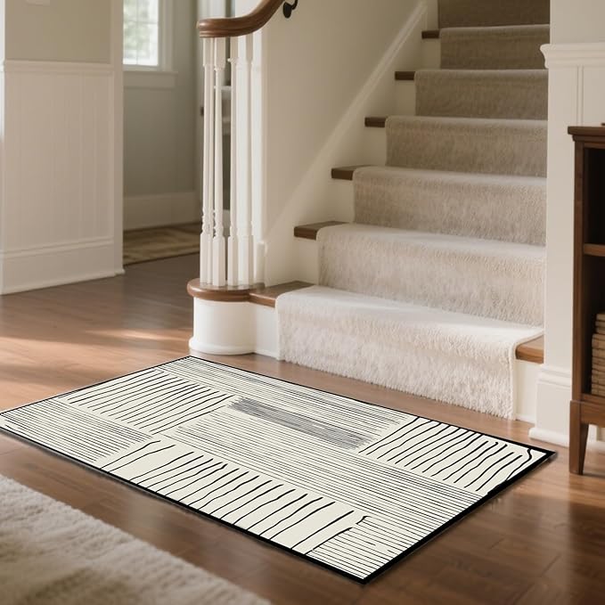 Area Rug 2.6x4 Feet Abstract Lines, Non-Slip Comfort Floor Mat Washable Rug Modern High Traffic Durable for Living Room, Bedroom, Home Office (Black White)