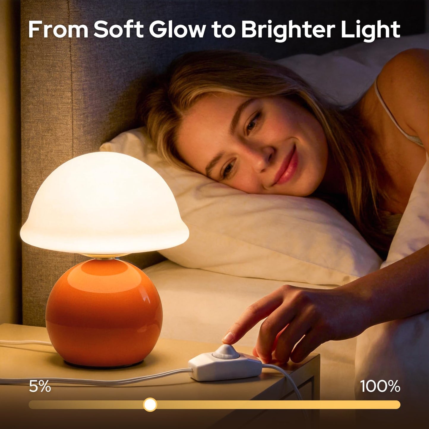 Komothala Mushroom Table Lamp for Bedroom, Cozy Bedside Lamp with Glass Shade, Stepless Dimmable Nightstand Lamp for Relaxing Bedroom Decor & Aesthetic Home (Orange)