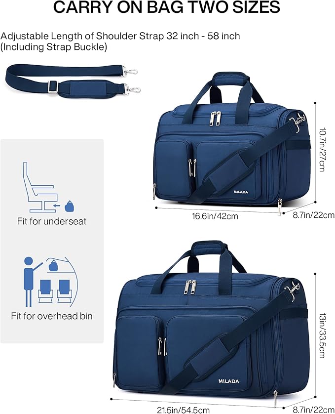 MILADA Carry On Luggage Bags for Travel Large Foldable Duffle Bag for Travel Lightweight Personal Bags for Airplanes Weekend Overnight Bags for Women Mens Travel Bag, Blue