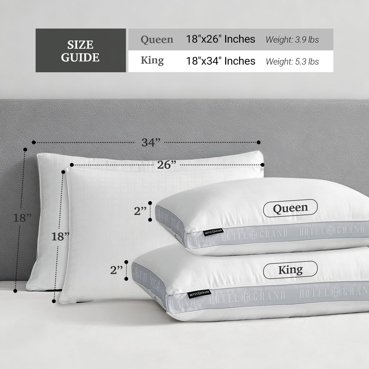 Hotel Grand Bed Pillows King Size Set of 2, 500 Thread Count Cotton Cover, Down Alternative Hotel Pillow Soft for Side, Back, or Stomach Sleepers, Medium Support Hypoallergenic 18”x34”