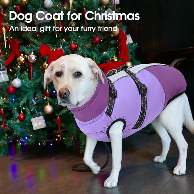 SUNFURA Dog Coat, Warm Dog Jacket with Harness Built in, Waterproof Pet Winter Coat Snowsuit with Zipper, Reflective Fleece Jacket for Extra Large Dogs, Weimaraner, Purple XXL