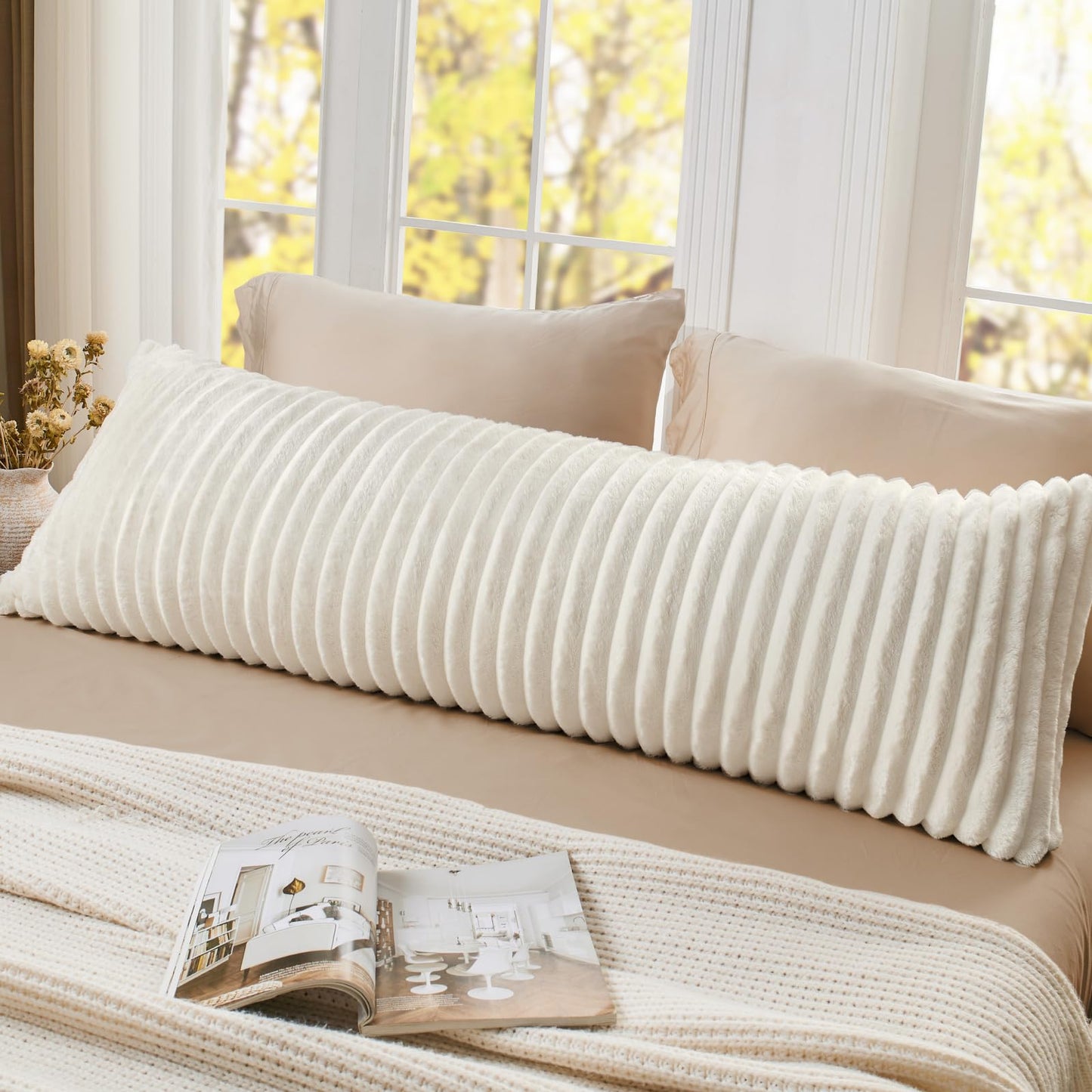 BEDELITE Fluffy Faux Fur Body Pillow Cover with Zipper, Luxury Plush 3D Striped Pillow Cover 20x54 Inches, Super Soft and Cozy Long Body Pillow Pillowcase for Bed Sofa Couch Room Decor(Cream White)