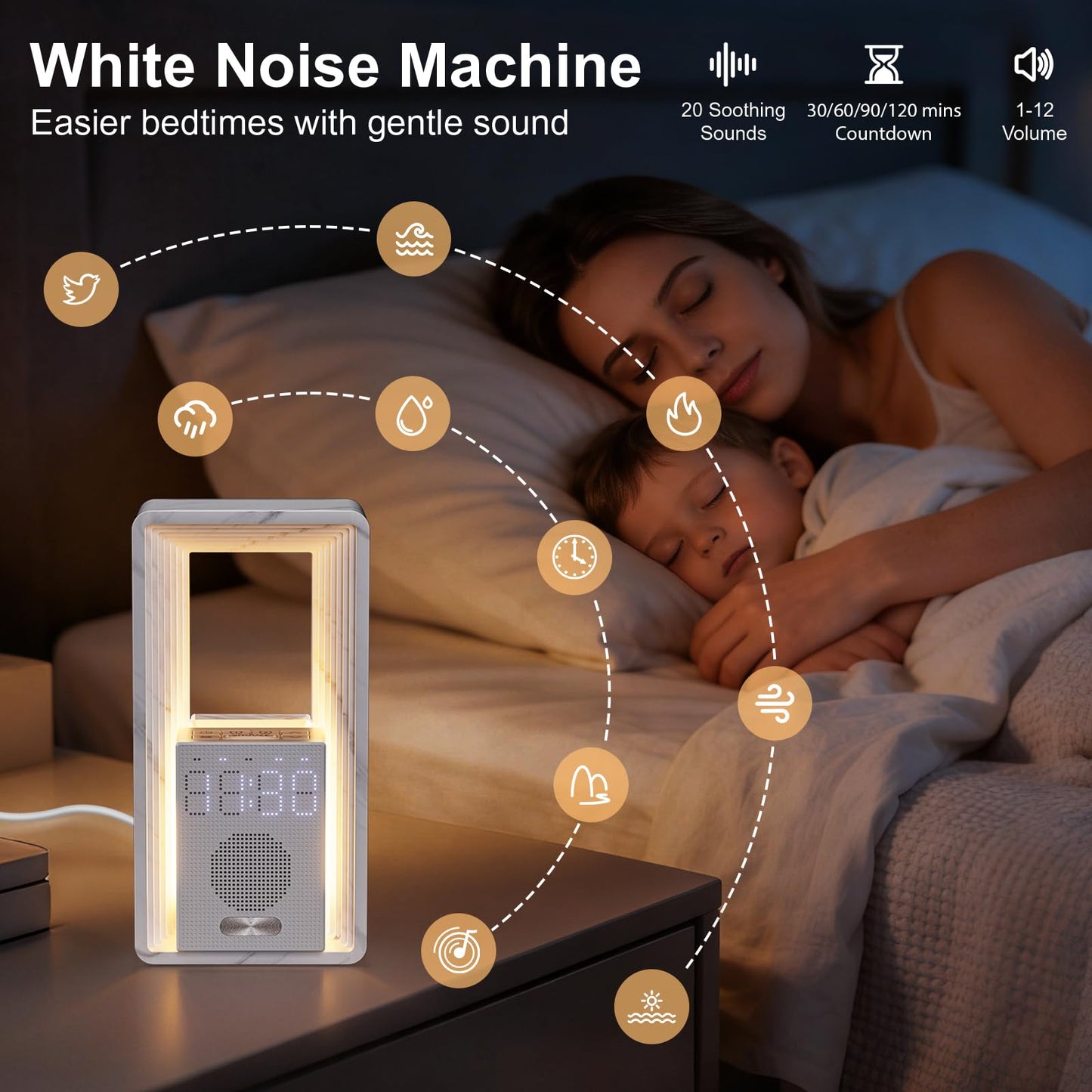 Hensam 20 White Noise Machine Alarm Clock with Night Light for Bedroom
