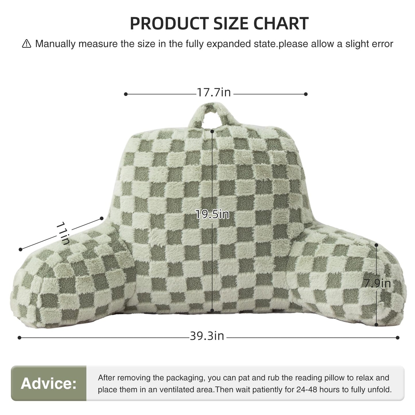 Aimuan Reading Pillow Checkered Bed Rest Wedge Backrest Checkerboard Pillow with Arms Back Support for Sitting Up in Bed Cushion Incline Rest Sleeping Snoring Pillow, Light Green Large