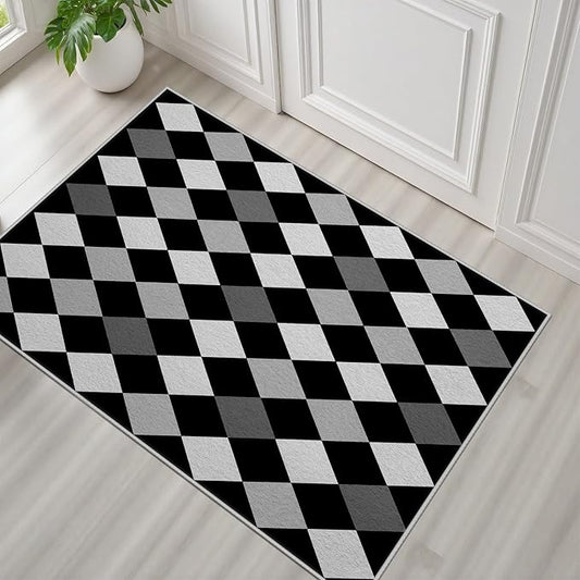 Black and White Rug 2x3, Rhombus Geometric Soft Ultra Soft Faux Wool Low Pile Rug, Indoor Floor Mats Carpet, Non-Slip Stain Resistant Washable Rugs, Modern Abstract Checkered Rugs for Living Room