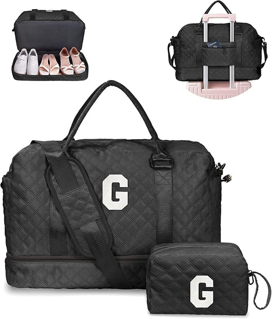 Vogewood Girls Personalized Initial Monogram Letter Travel Weekender Duffle Overnight Bag with Makeup & Shoe Compartment for Her