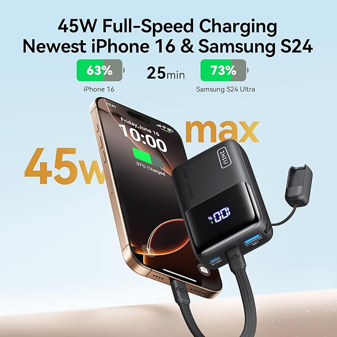 INIU Mini Portable Charger, Small 45W PD Power Bank, 10000mAh USB C in&Out Fast Charging Pocket Size Battery Pack, Travel Essentials Powerbank for iPhone 17 16 15 14 Pro Air, Xiaomi, Samsung S24 etc