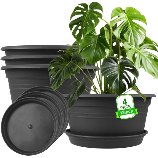 Large Flower Pots Set of 4 Pack 13 inch, Plant Pots Outdoor Planters with Drainage Hole & Tray Saucer, Decoration Plastic Pots for Plants for Indoor Outdoor Garden Home Plants Planter (Dark Gray)