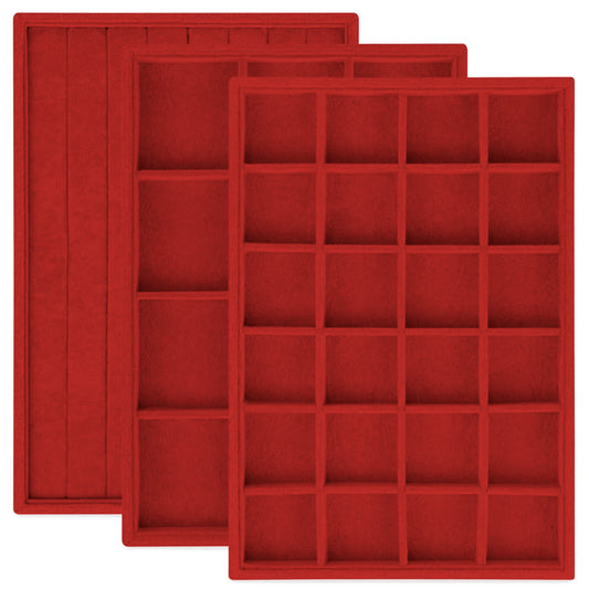 Rocutus Jewelry Trays,3 Pack Stackable Velvet Jewelry Organizer Tray Drawer Jewelry Storage Tray,Divided Ring Organizer Tray for Earrings, Necklaces, Bracelets,13.8"x9.5"x1.2" (Red)