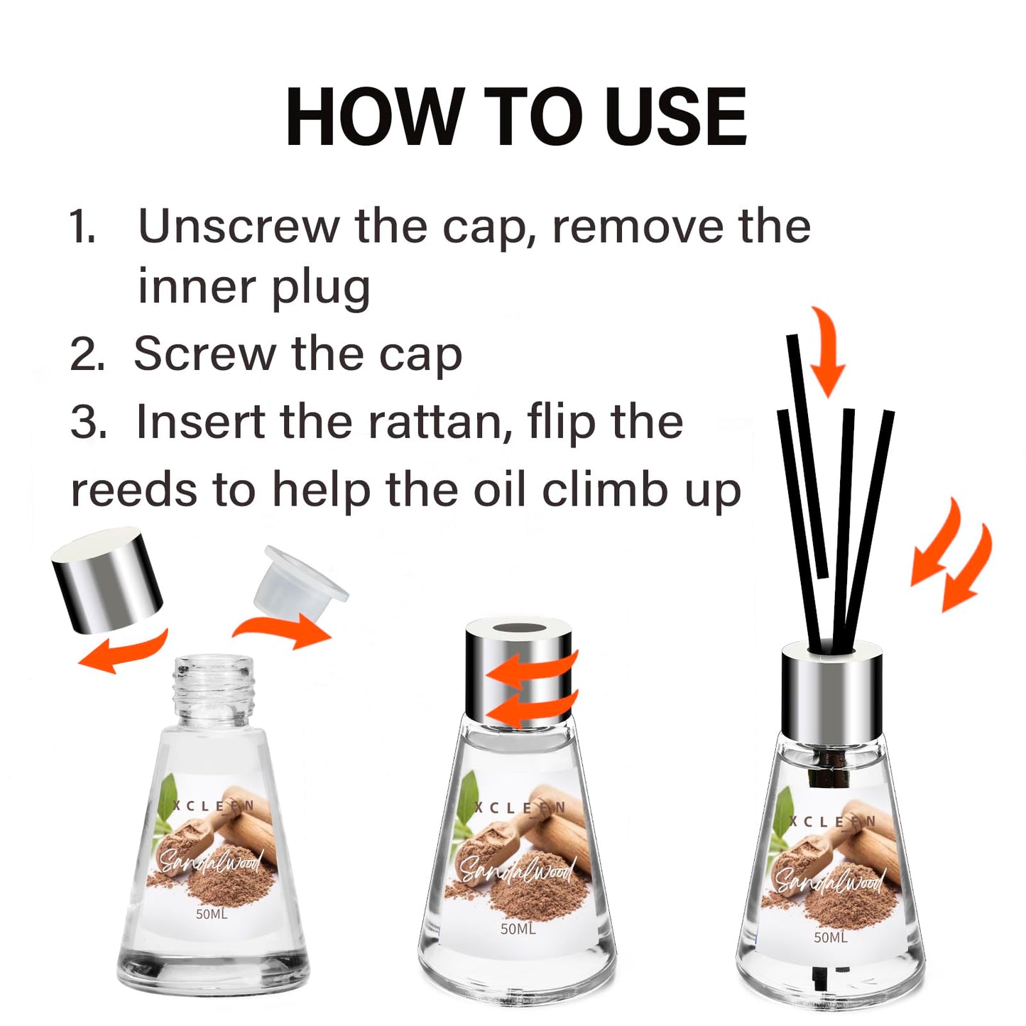 Xcleen Reed Diffuser of 3 Pack, Escape/Citrus/Sandalwood, Scented Diffuser with 15 Fiber Sticks, Home Fragrance Oil Diffuser, Air Freshener for Bathroom & Bedroom, Each 1.7Fl Oz, Total 5.1Oz
