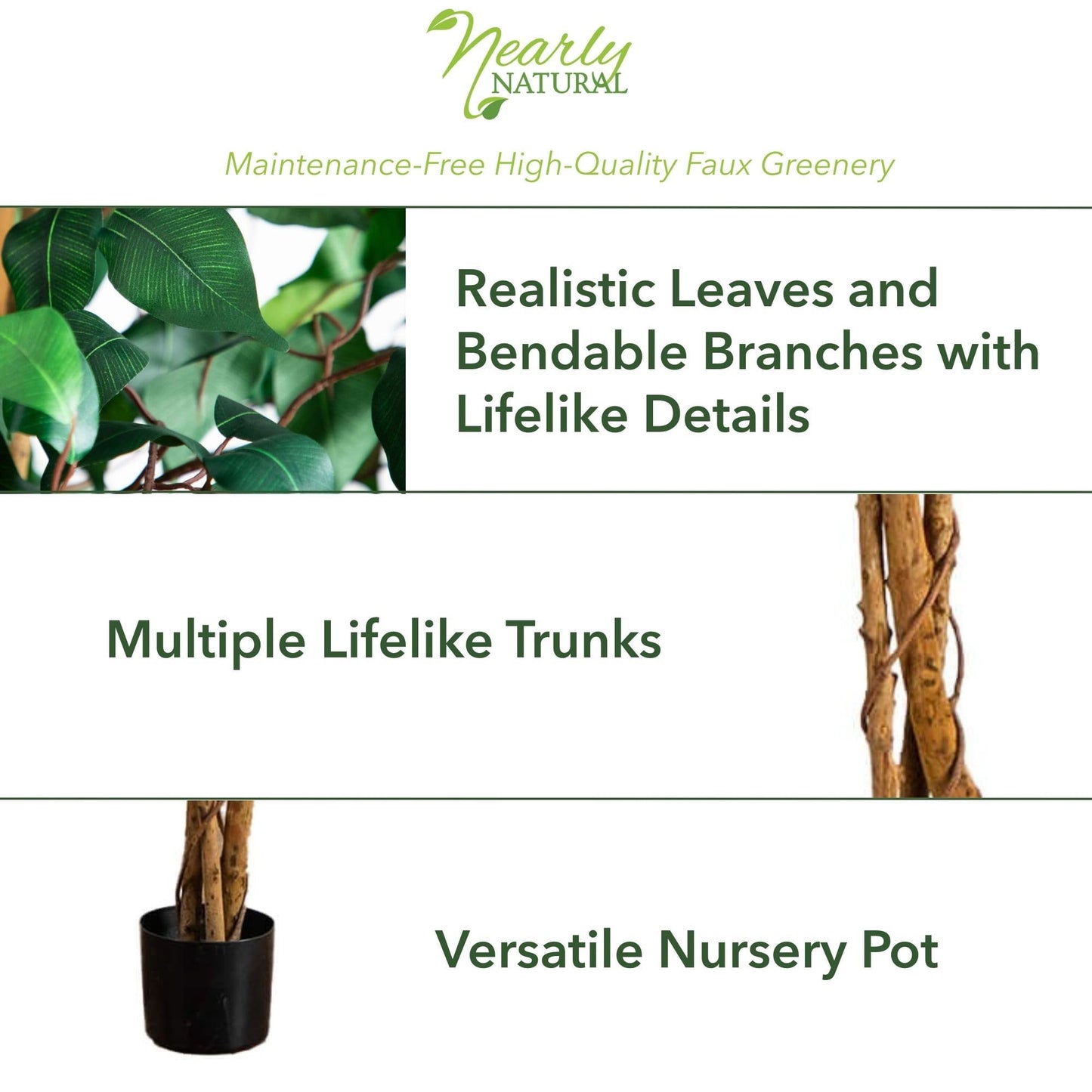Nearly Natural 74in Artificial Triple Trunk Ficus Tree, Faux Greenery with Natural Wood Trunks for Indoor Home Decor
