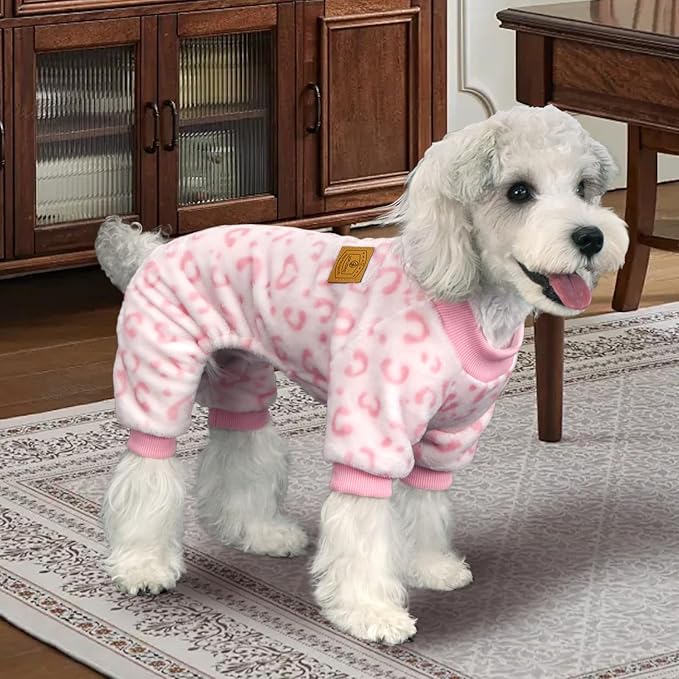 XPUDAC Dog Sweater Leopard Fleece Dog Pajamas for Small Medium Dogs Girl Soft Warm Pet Winter Clothes for Winter Christmas(Pink, Small)