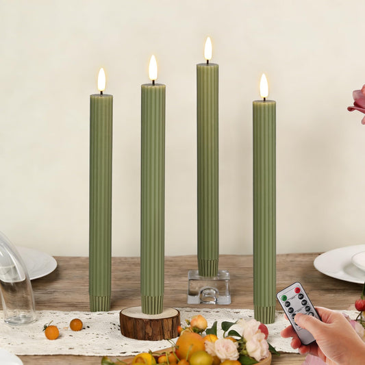 Girimax Olive Green Ribbed Fluted Flameless Taper Candles with Remote, Flickering Battery LED Wax Candlesticks Wedding Home Decor Set of 4