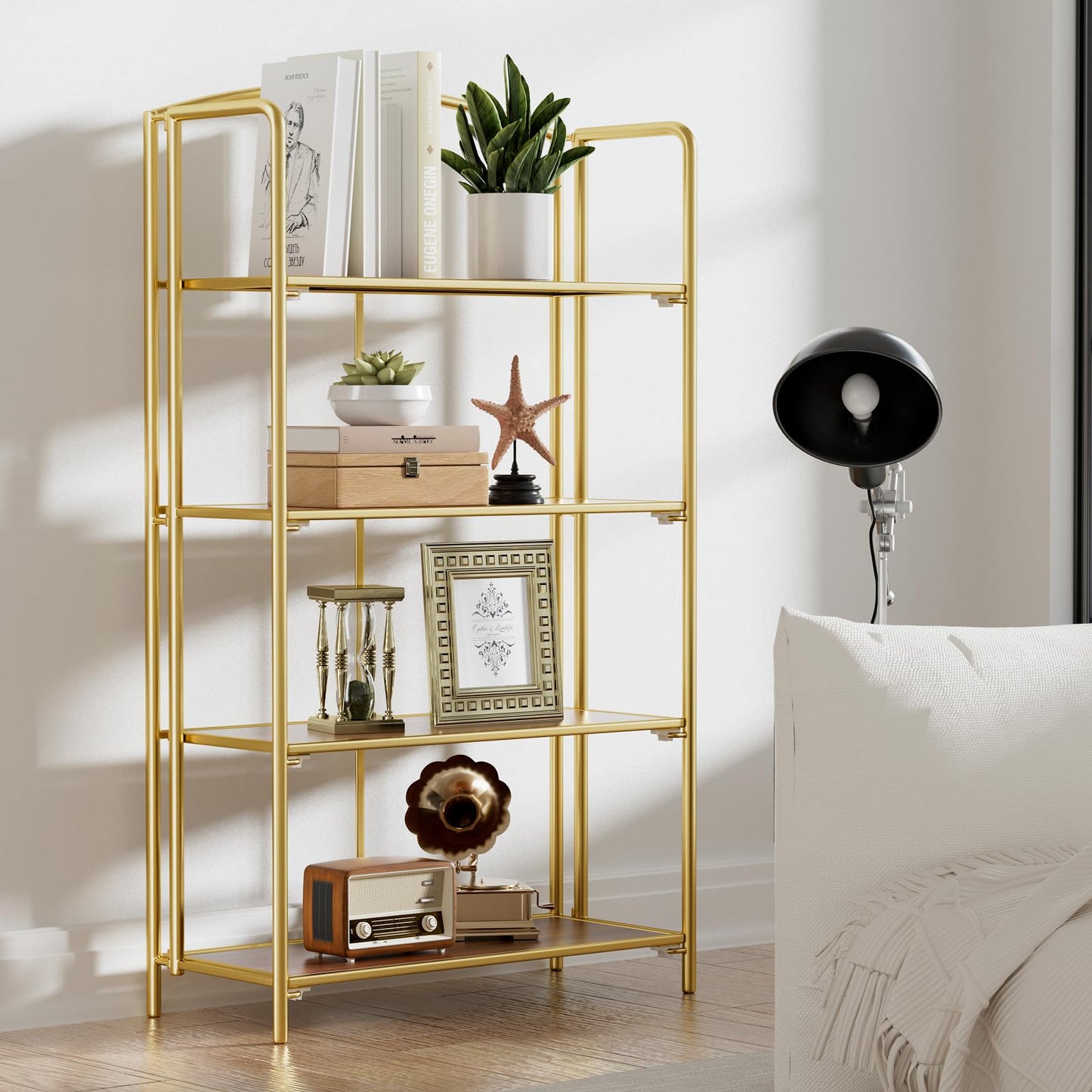 Crofy 4-Tier Wider Foldable Bookshelf, Gold Frame & Walnut Shelves