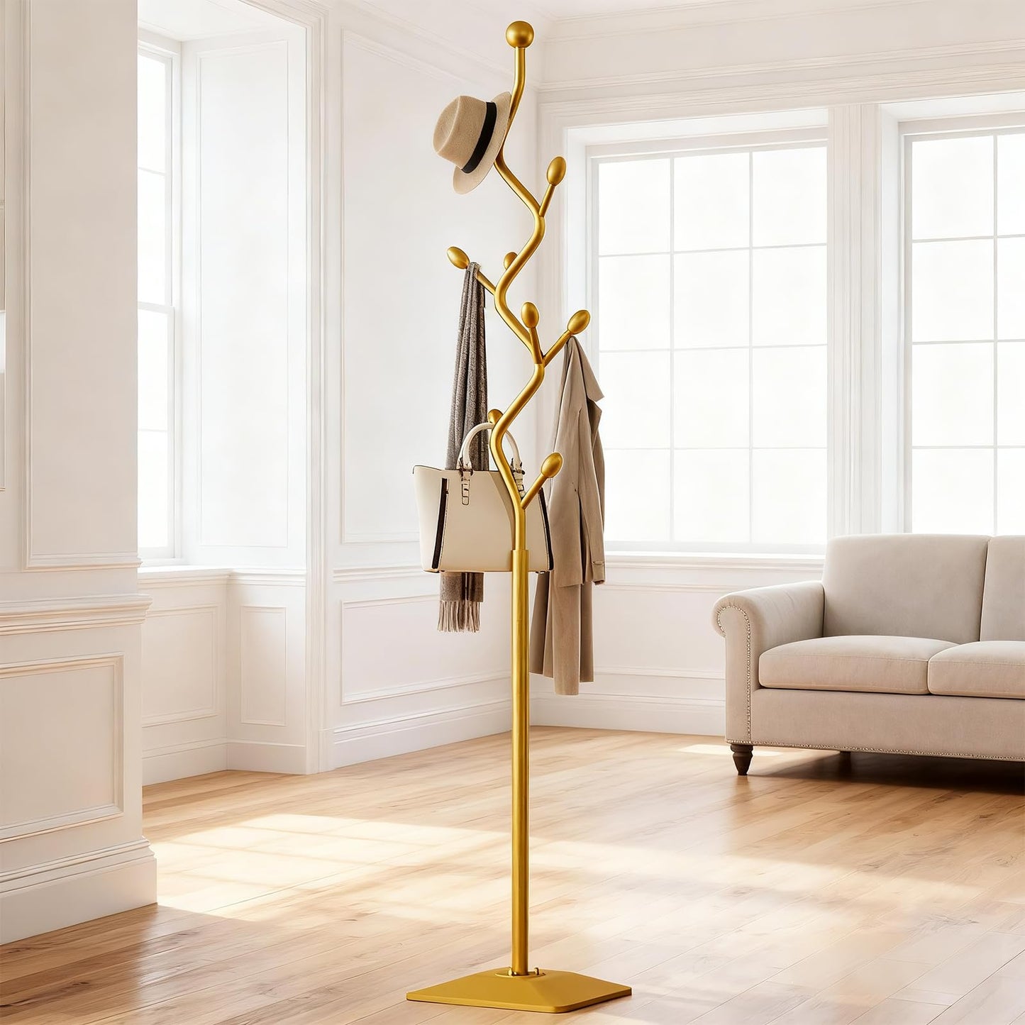 ZEYEXE Gold coat rack,Coat Tree Freestanding heavy duty with 8 Hooks and Sturdy Metal Base for Coat Hats Purses,Tree-shaped Coat Stand for Entryway,Bedroom