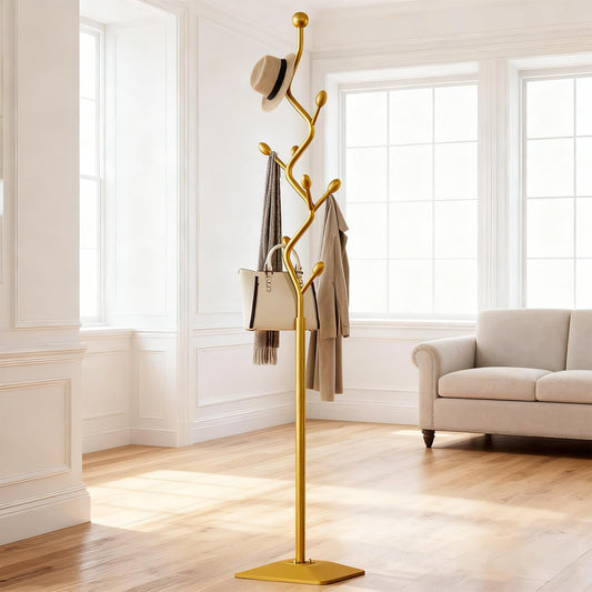 ZEYEXE Gold coat rack,Coat Tree Freestanding heavy duty with 8 Hooks and Sturdy Metal Base for Coat Hats Purses,Tree-shaped Coat Stand for Entryway,Bedroom