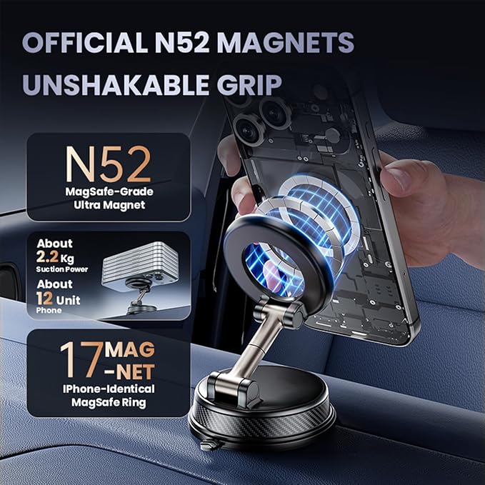 Vacuum Magnetic Phone Holder for Car, Magsafe Car Mount 360 Adjustable Vacuum Suction Cup, Phone Mount for Car Accessories/Windshield/Mirror/Kitchen/Gym for iPhone 17 Pro Max 16 15 14 13