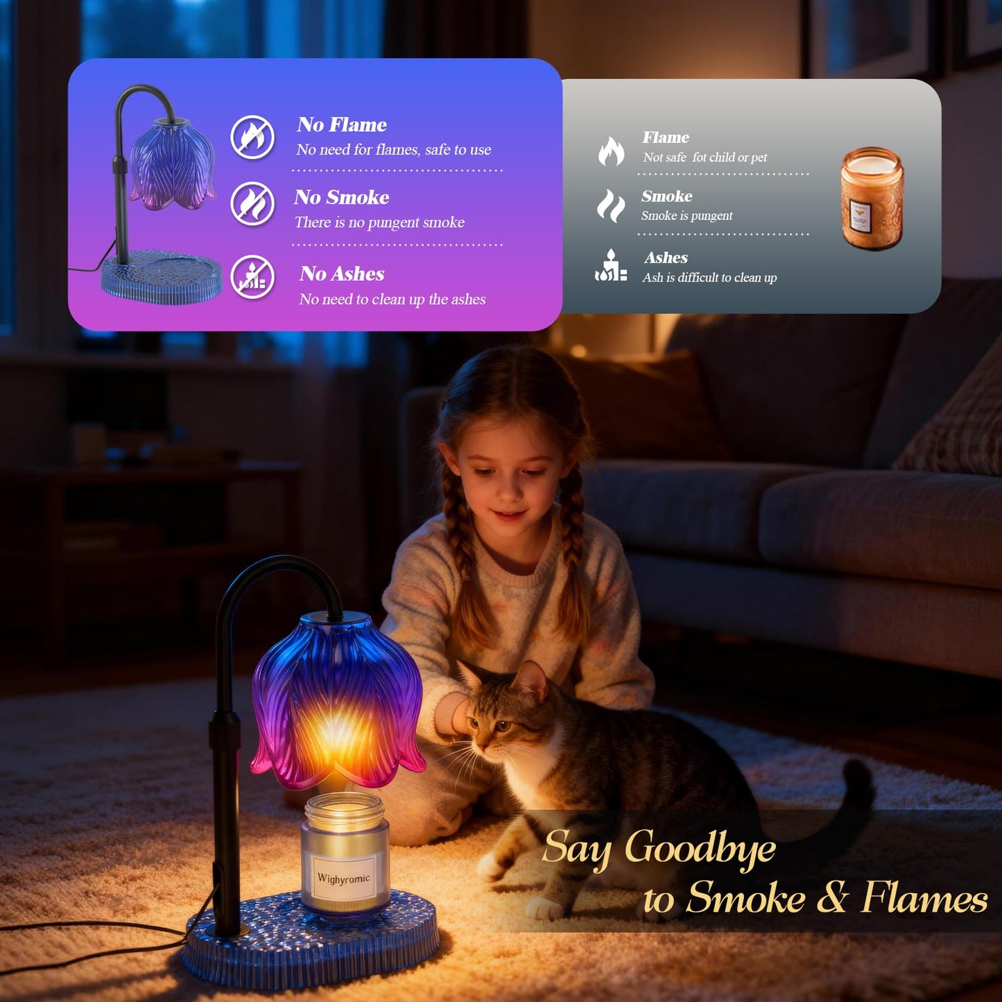 WYghyronic Candle Warmer Lamp with Adjustable Height - Flameless 4-Level Dimmable Wax Warmer, Timer Function & Stylish Design in Multiple Colors (Blue)