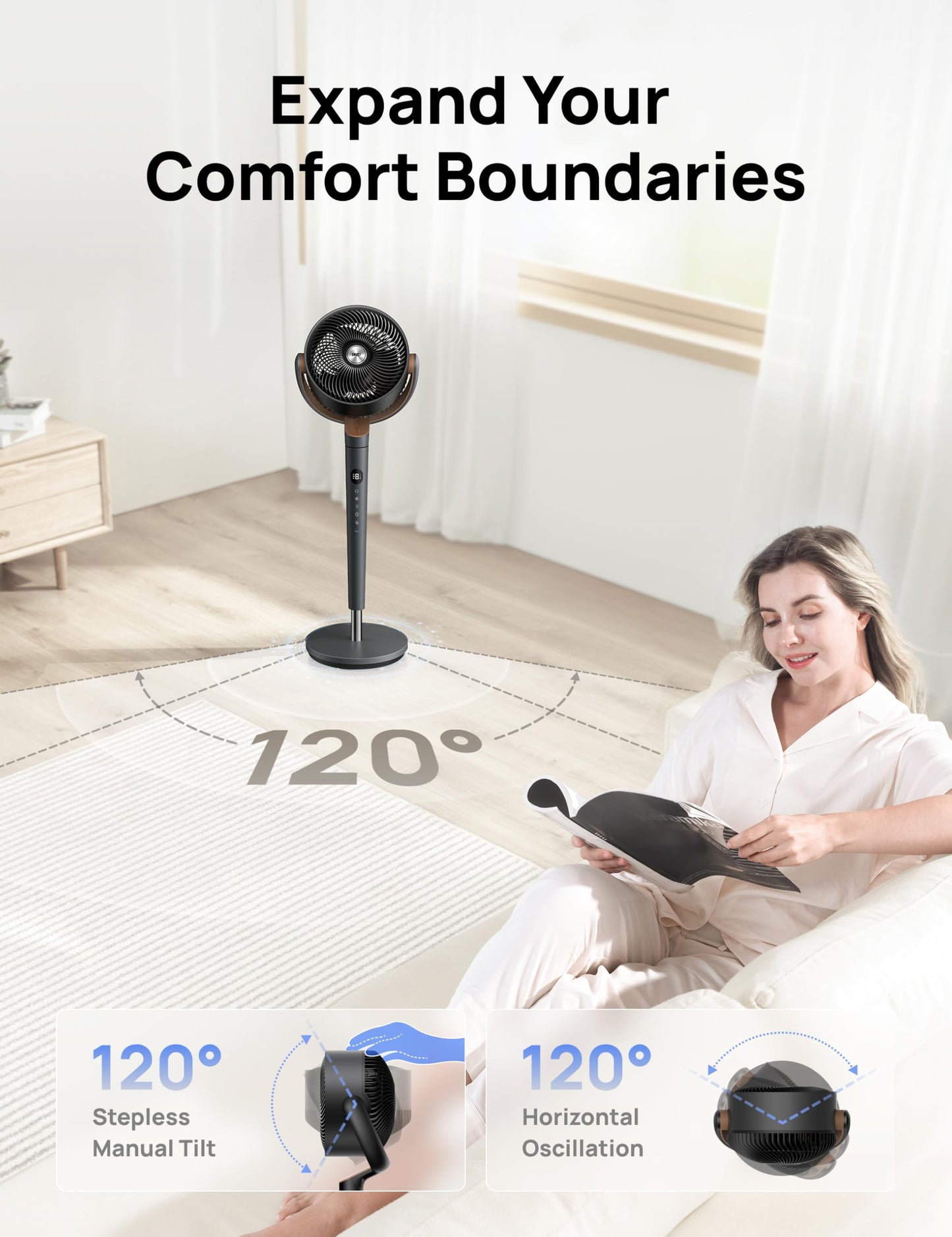 DREO Fan for Bedroom, 120° Oscillating Standing Fans, Quiet Floor Fan with DC Motor, 100ft Pedestal Fans for Room, 9 Speeds, 4 modes, 20dB, 120° Manual Vertical, 37-42" Adjustable Height, 8H Timer