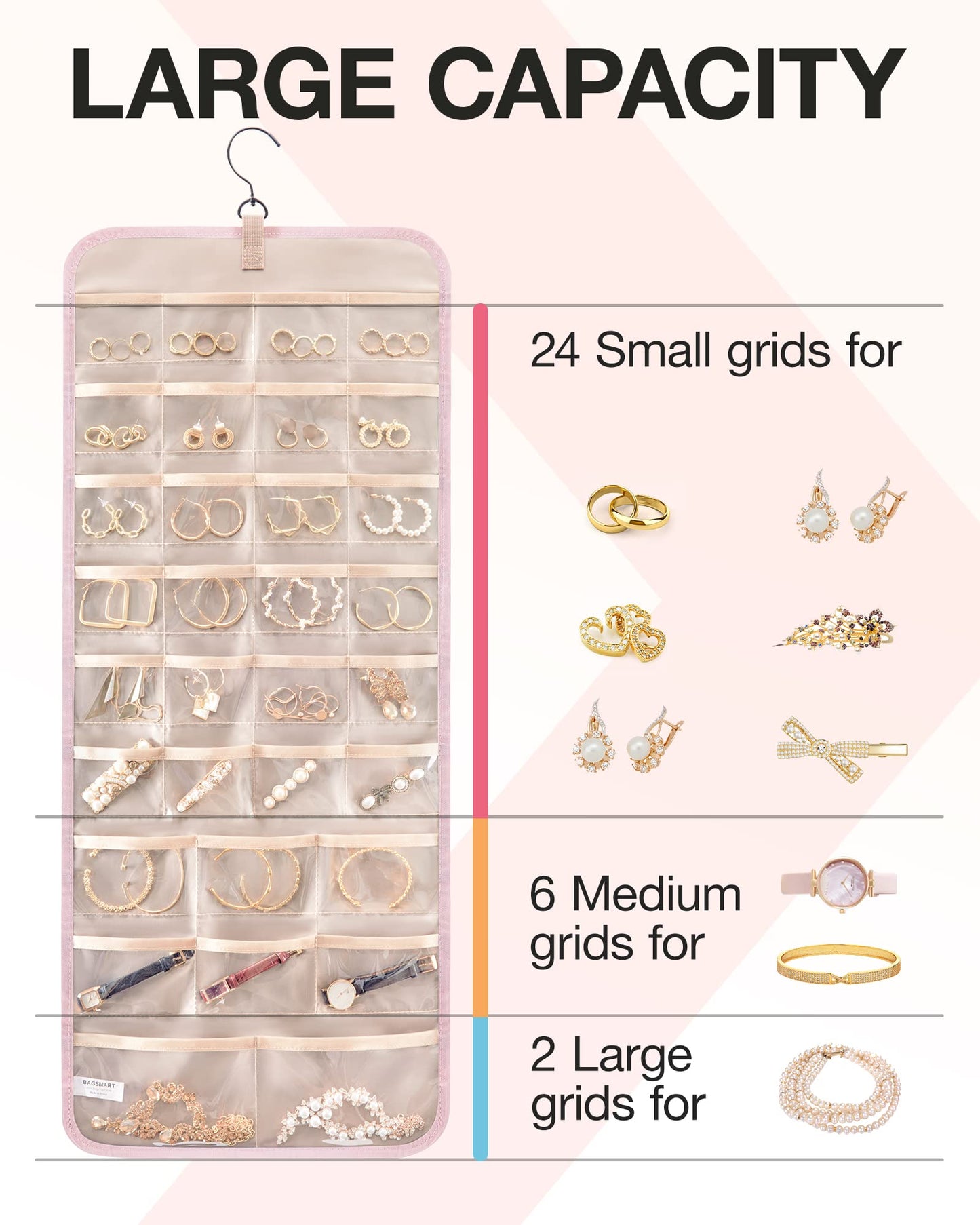 BAGSMART Hanging Jewelry Organizer Storage Roll with Hanger Metal Hooks Double-Sided Jewelry Holder for Earrings, Necklaces, Rings on Closet, Wall, Door, 1 piece, Large, Pink