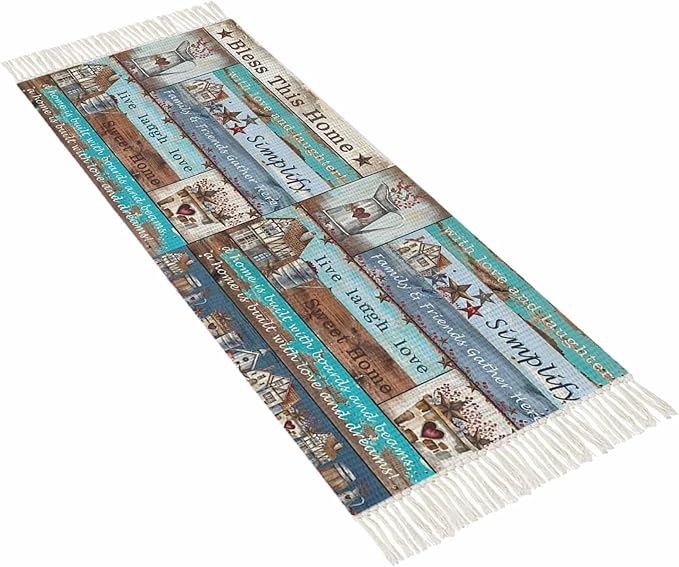 Turquoise Blue Brown Kitchen Hallway Runner Rug 2X5 Ft Carpet, Washable Woven Vintage Barn Rustic Cabin Throw Carpet with Tassel, Non-Shedding Country Star Farm Wooden Plank Entryway Laundry Rugs