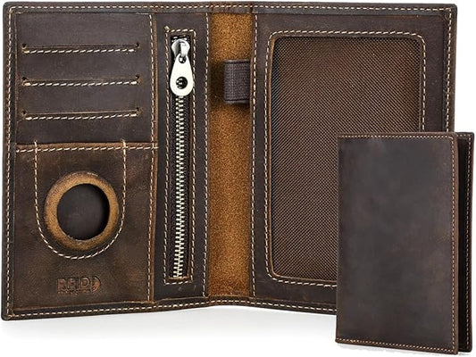 CONTACTS Full Grain Leather Airtag Passport Holder RFID Blocking Travel Passport Wallet Slim Passport Cover Case with 4 Cards Slots, Coin Pocket (Brown)
