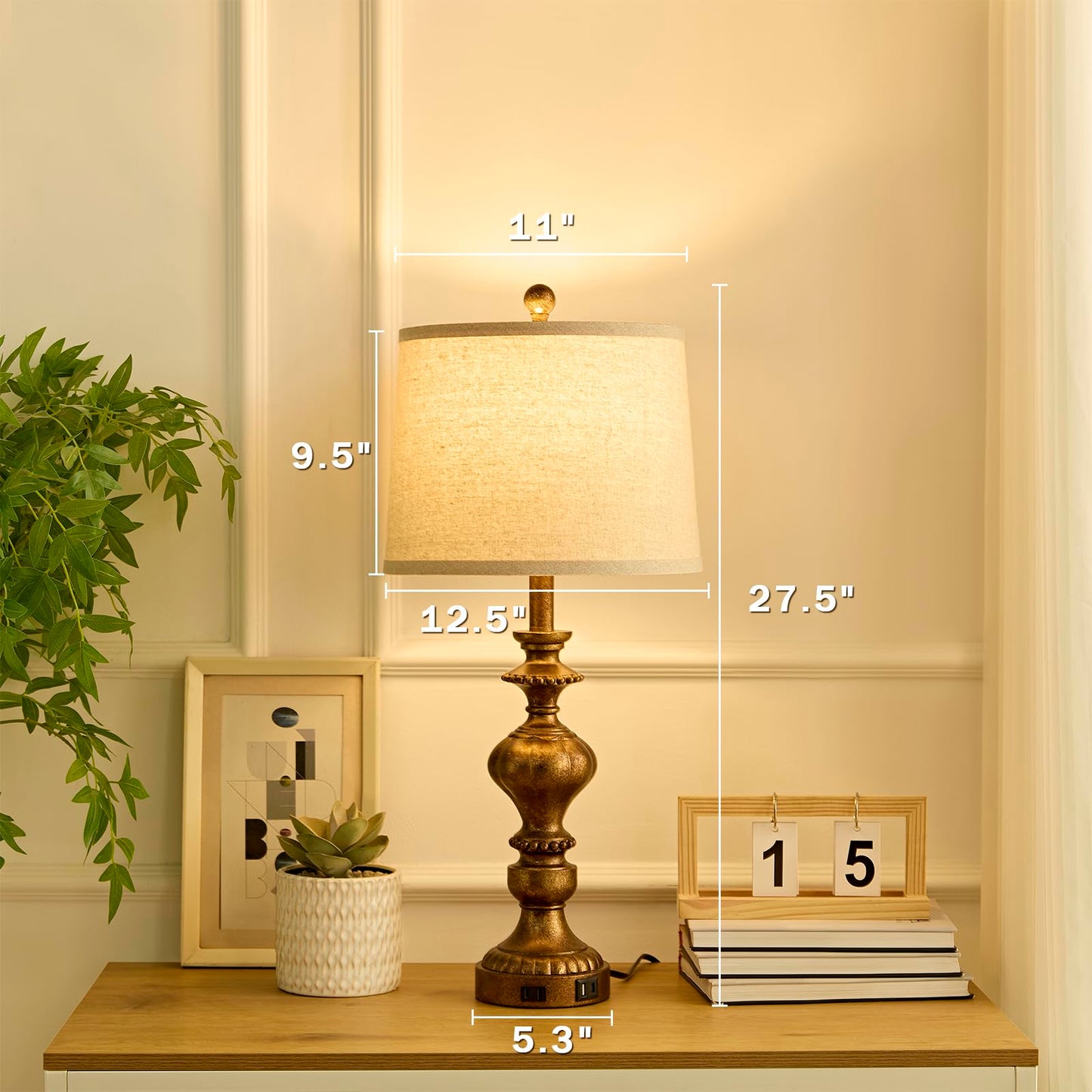SAIWEYA 27.5" Farmhouse Table Lamps Set of 2 Bedside Nightstand Lamp with USB C+A Ports & AC Outlet, 3 Way Dimmable Touch Lamps for Bedroom Living Room Office Rustic Lamp