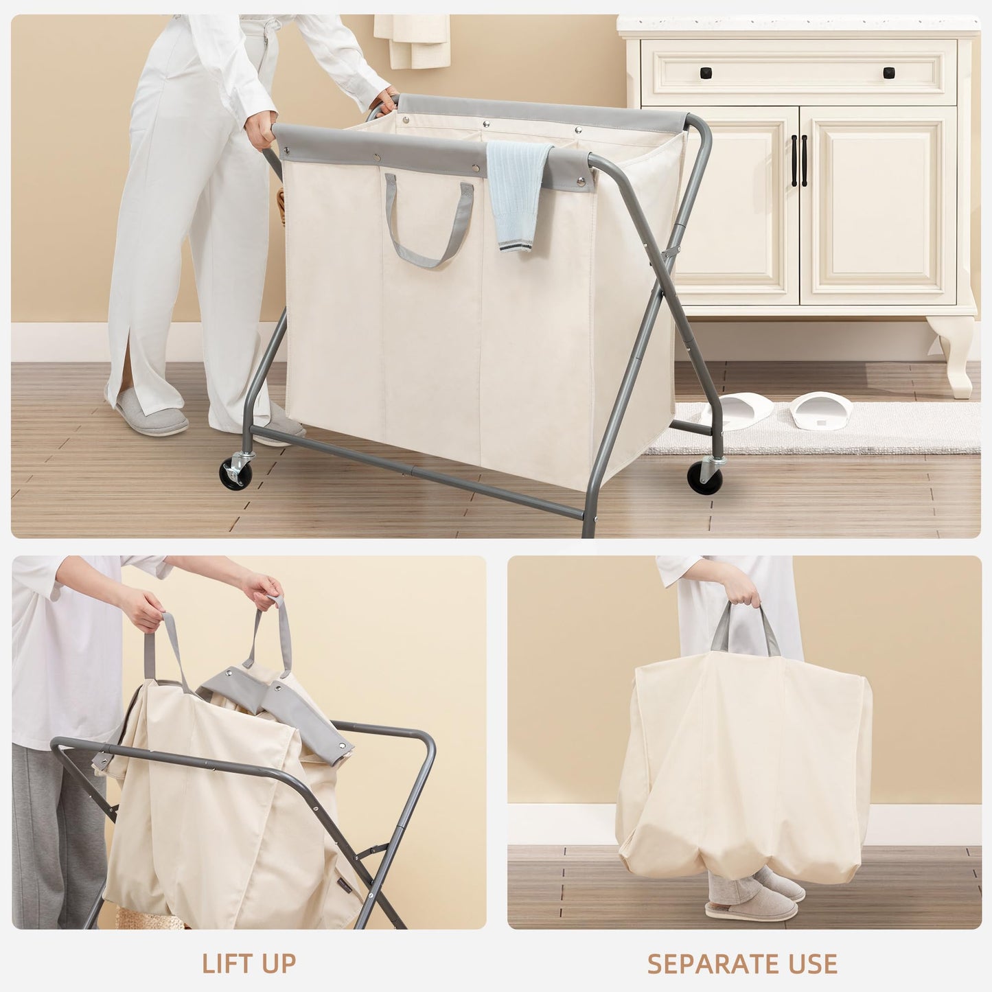 STORAGE MANIAC 160L Collapsible Laundry Hamper with Wheels, Rolling Laundry Basket, Heavy Duty Cloth Sorter with Removable Bag, Folding X Frame Clothes Organizer Cart for Easy to Store, 3 Section