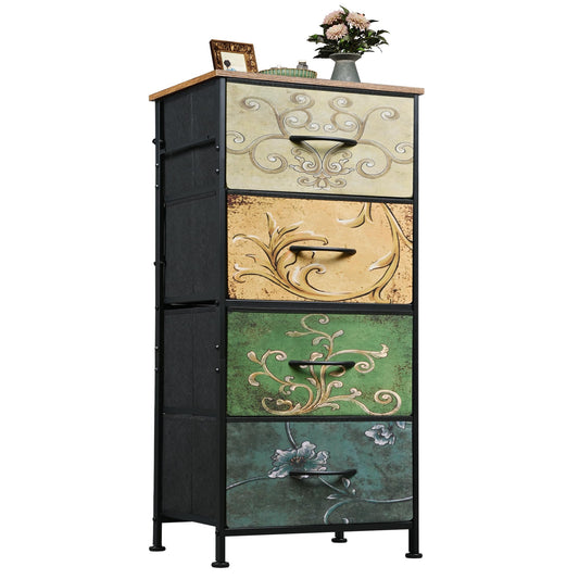 WLIVE Dresser with 4 Drawers, Storage Tower, Organizer Unit, Fabric Dresser for Bedroom, Hallway, Entryway, Closets, Vintage Furniture with Sturdy Steel Frame, Wood Top, Pull Handle, Floral Painted