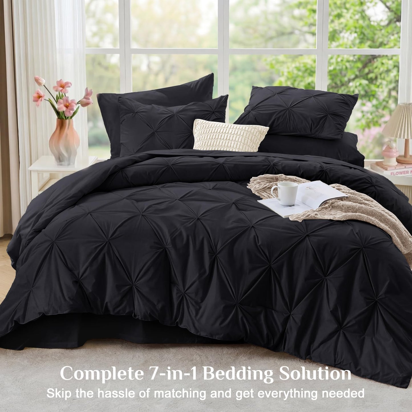 JOLLYVOGUE Black Queen Comforter Set 7 Pieces - Bed in a Bag Queen for All Season, Pintuck Bedding Comforter Sets with Comforter, Flat Sheet, Fitted Sheet and Pillowcases & Shams