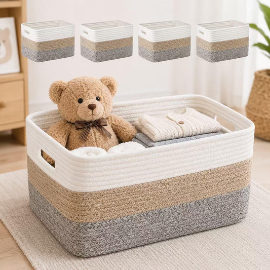 Set of 4，15.8"×13.7"×7.8"Cotton Rope Baskets for Shelves, Woven Storage Baskets for Organizing - Closet, Nursery, Bedroom, Playroom Books, Clothes