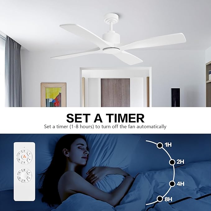WINGBO 54" DC Ceiling Fan without Lights, 4 Carved Solid Wood Blades, 6-Speed Noiseless Reversible DC Motor, Modern Ceiling Fan No Light with Remote, Gloss White Finish with White Blades, ETL Listed