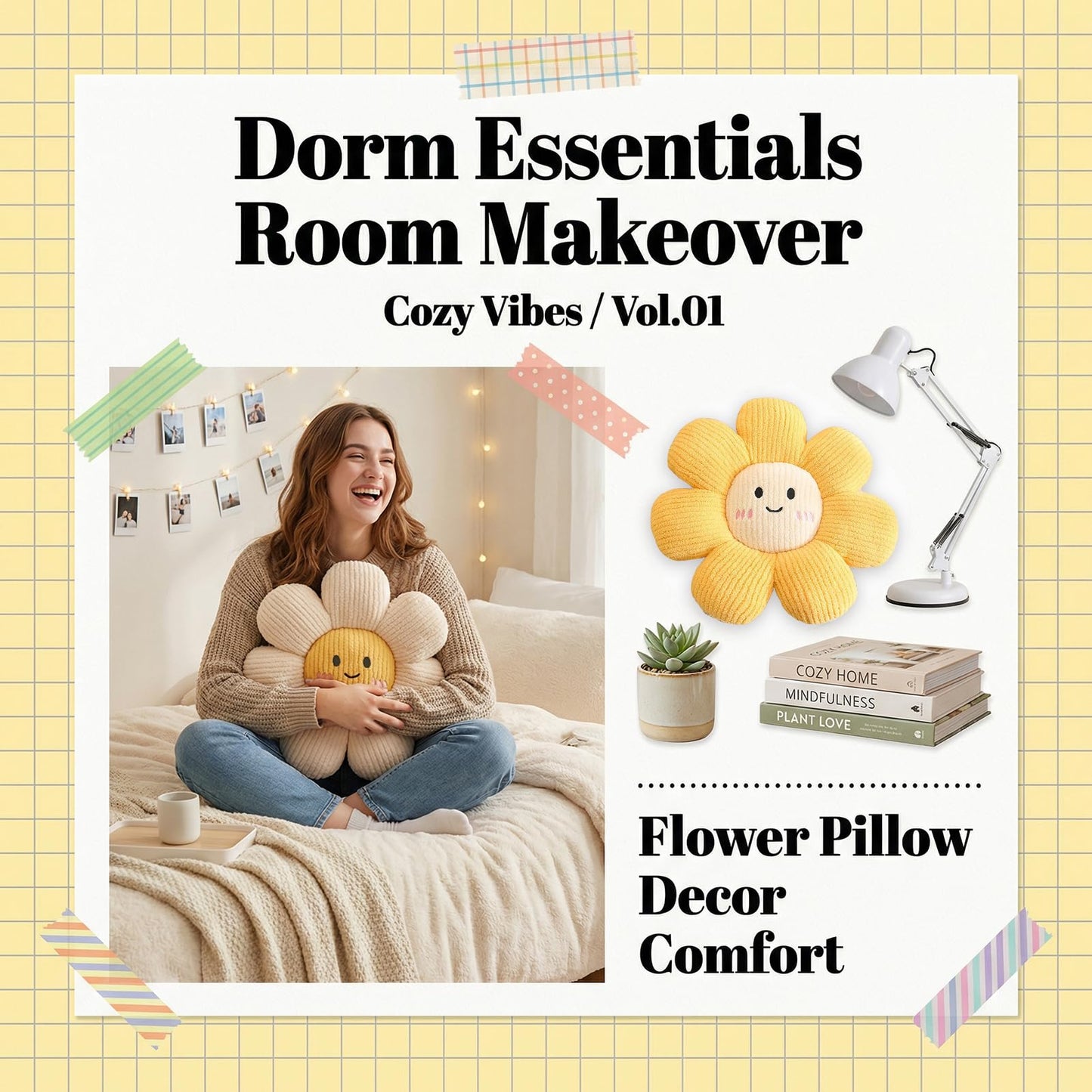 HonorHut 2 Pcs Cute Couch Pillows 17.7" Daisy Flower Pillow Decorative Flower Seat Cushion for Bedroom Living Room Sofa Decor White and Yellow