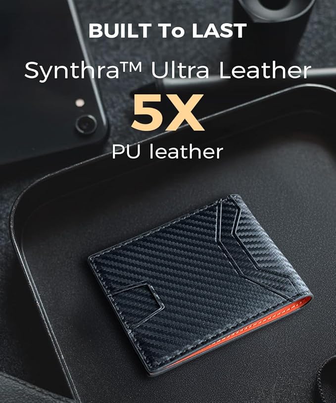 7worldlet Slim RFID Blocking Wallets for Men Synthra™ Ultra Leather Bifold Minimalist Wallet 11 Cord Holder Thin Mens Wallet with Gift Box (Oranger)