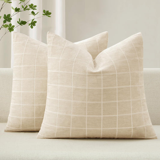 MIULEE Decorative Chenille Check Euro Shams Throw Pillow Covers Vintage Plaid Couch Pillows 24x24 Inch Set of 2 Neutral Boho Farmhouse Cushion Covers Spring Decor for Sofa Bed Living Room Beige