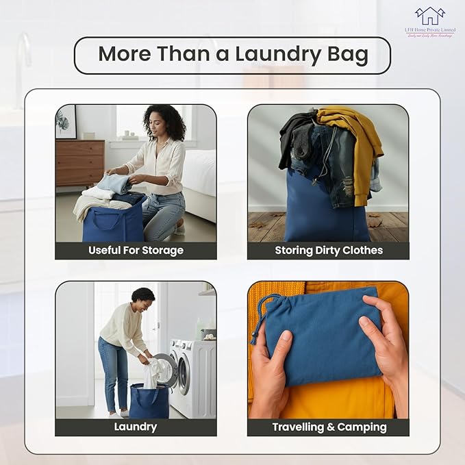 LFH Home Cotton Canvas Large Laundry Bag with Handle, Heavy Duty Drawstring Closure Washable Laundry Bags, School Travel, Home, Hotel, College Dorm, Organizer Sack, Toys Clothes 28x36-Sky Blue