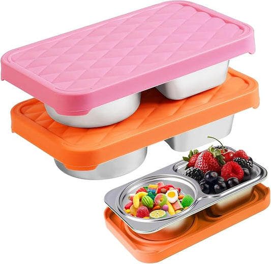 LVQVEV 2 Pack Stainless Steel Snack Containers, 2 Compartment Snack Container with Silicone Lids, Easy Open Leak Proof Reusable Metal Toddler Snack Containers for Daycare (Orange, pink)